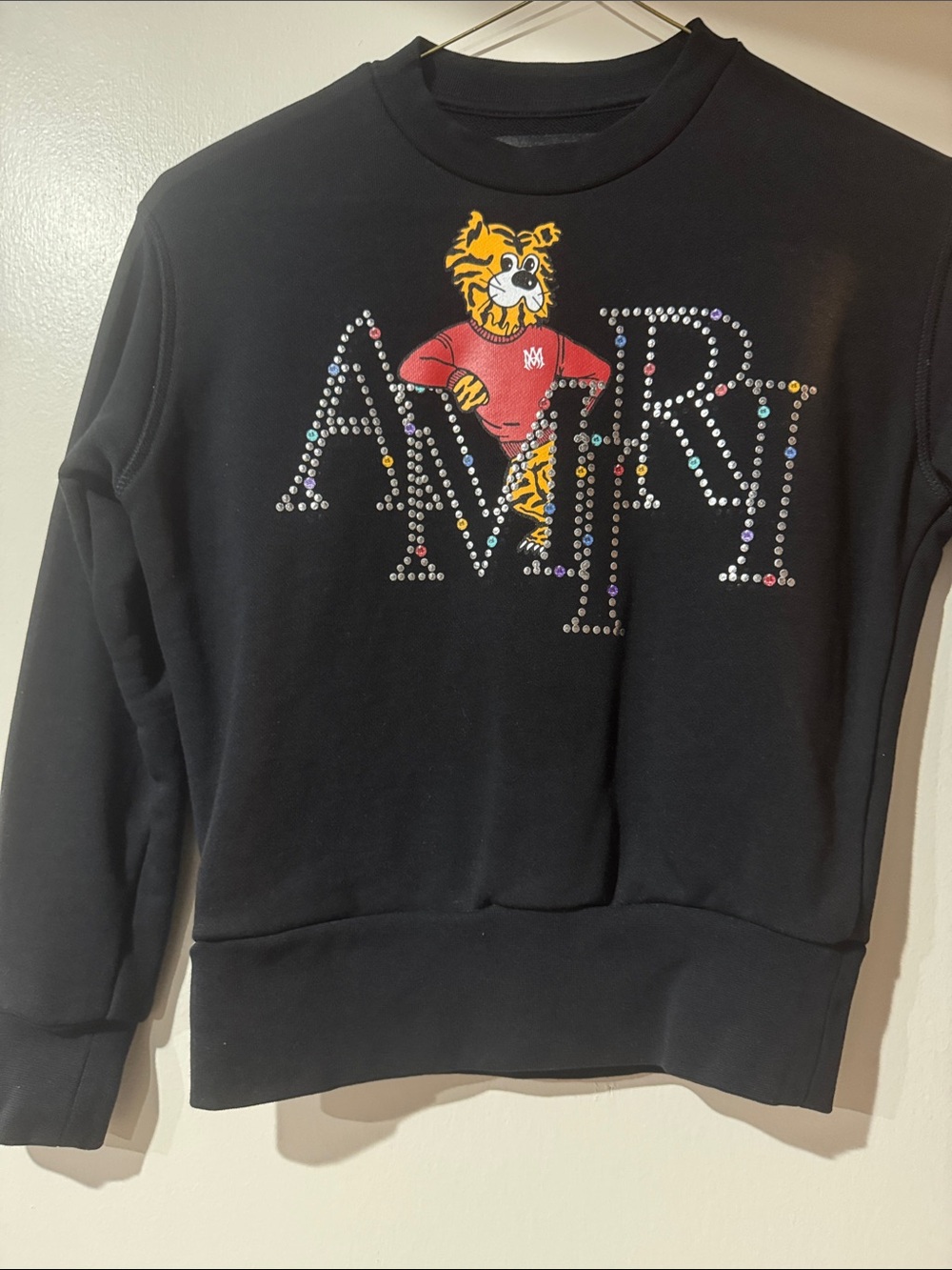AMIRI Black Crewneck with Rhinestone Logo and Tiger Graphic
